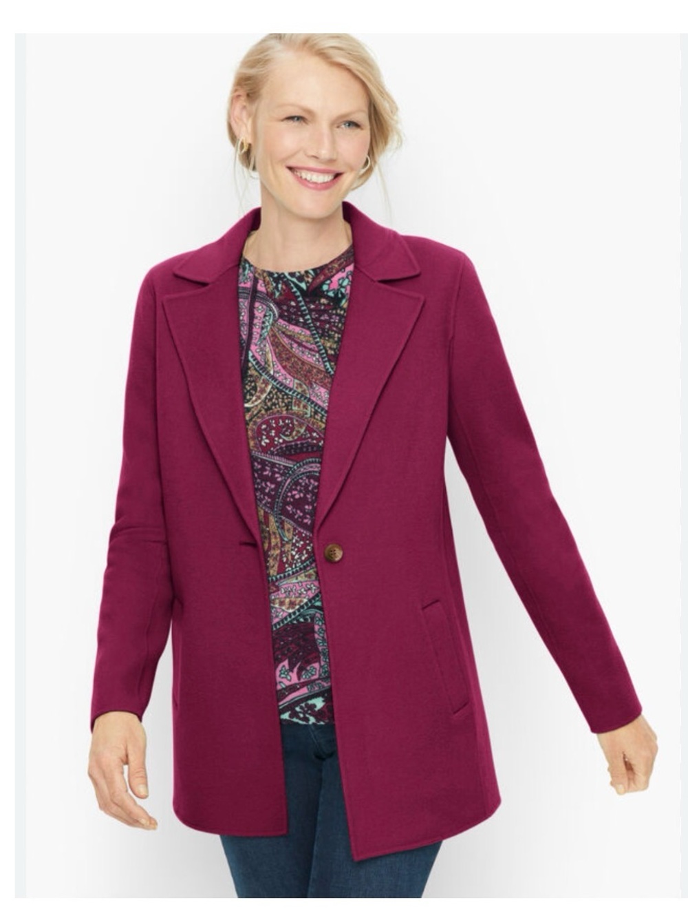 TALBOTS Double Faced Wool Blend Blazer Jacket 16W Berry Topper Coat Pockets Plus